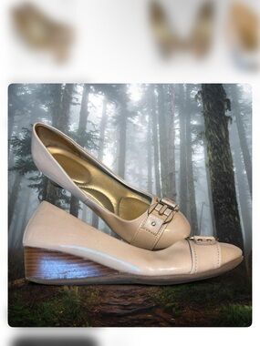 Women's Nude Patent Wedge Loafers with Buckle Accent